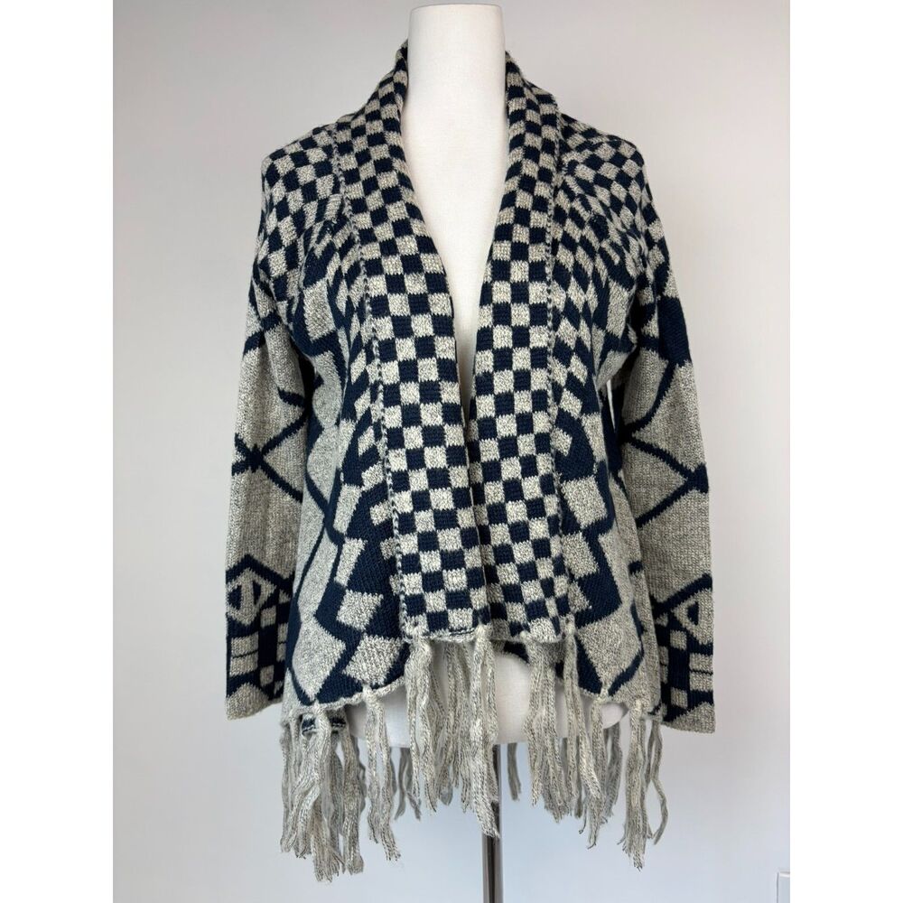 Dolce Cabo Fringe Open Front Cardigan Sweater S/M Southwest Aztec Boho Ranchwear